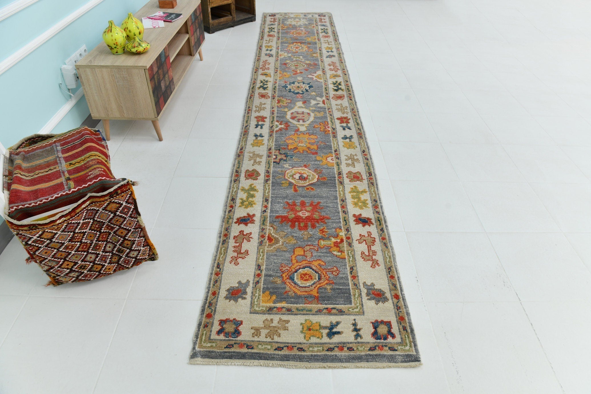 Turkish Vintage Oushak Rug 2’8’ x 14’2’