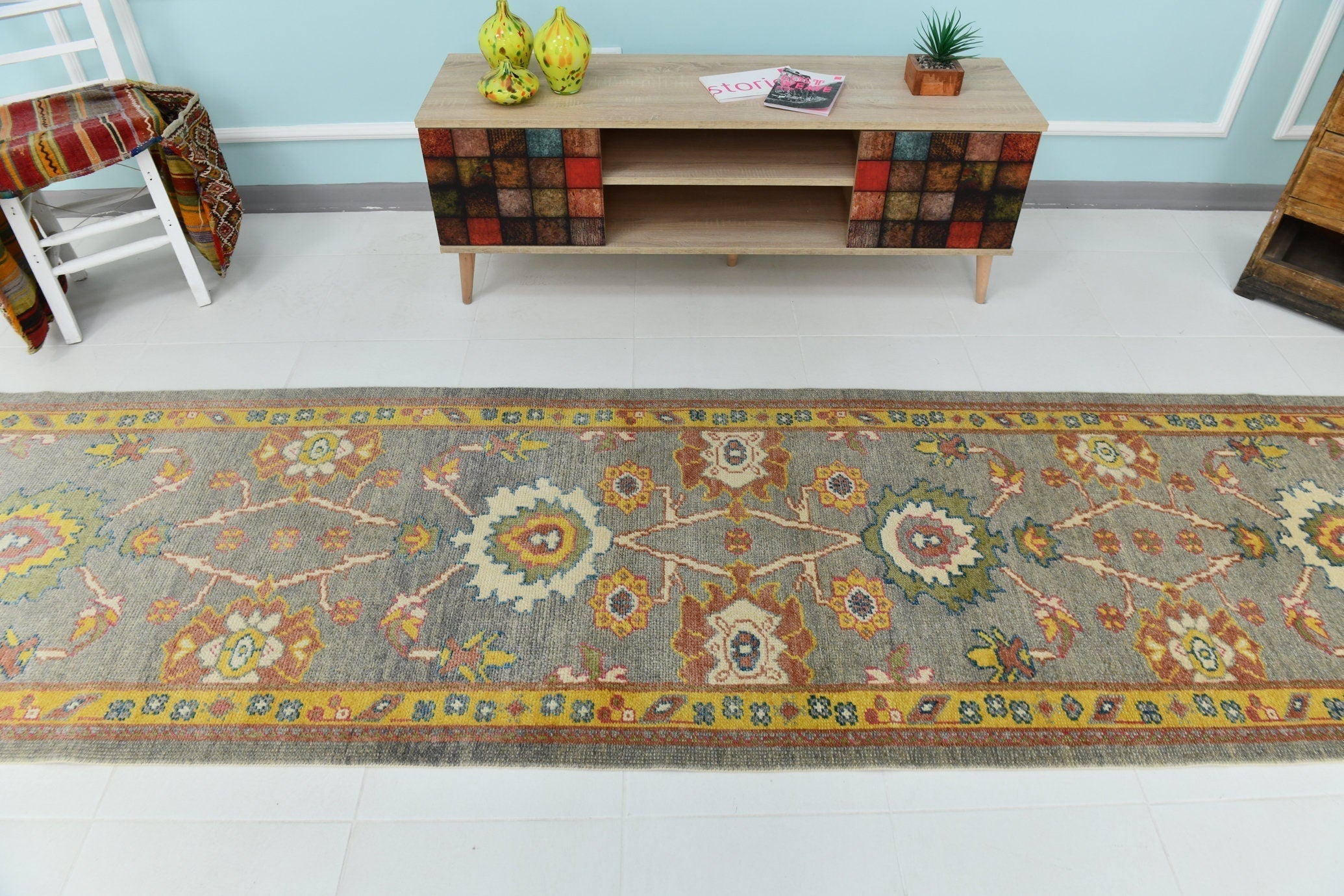 Turkish Vintage Oushak Rug 3’1’ x 12’8’