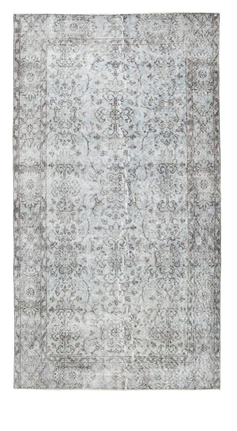 Turkish Vintage Grey Distressed Area Rug Floral Pattern