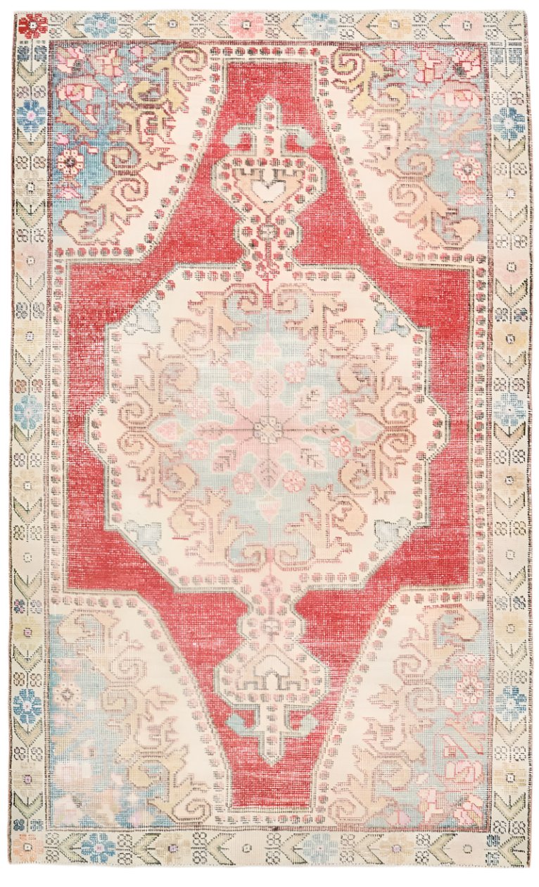 Turkish Authentic Vintage Rug  4'3" x 7'1" ft,Red/Beige