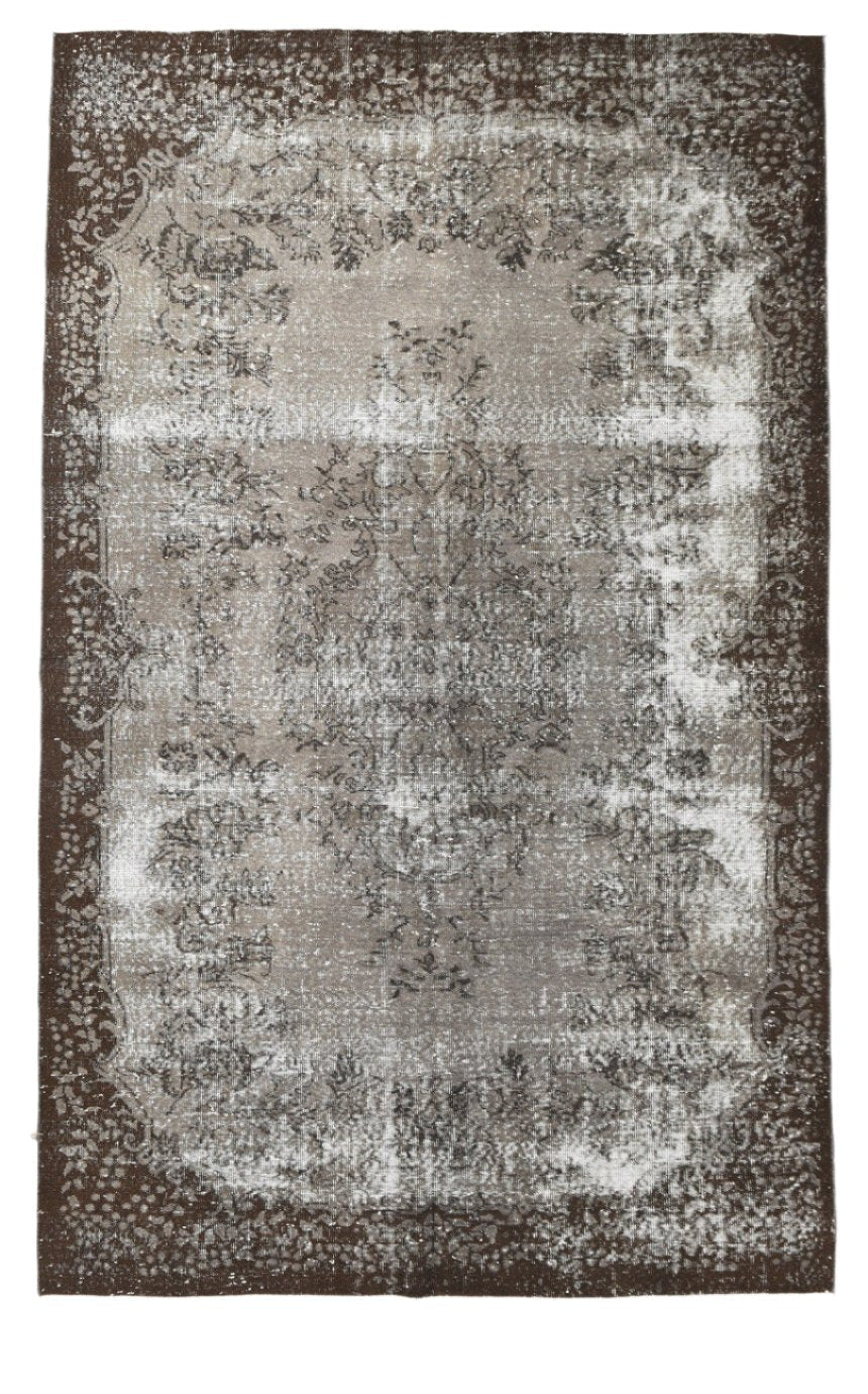 Vintage Distressed Gray Floral Rug Dark Brown Border 5'11" x 9'5" ft, Black