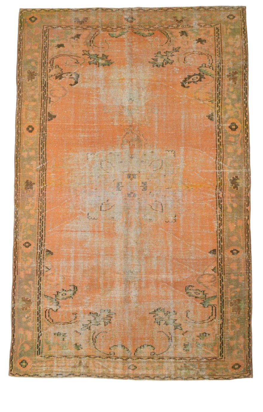 Vintage Pumpkin Orange Hand Woven Rug Geometric Border 5'11" x 9'5" ft