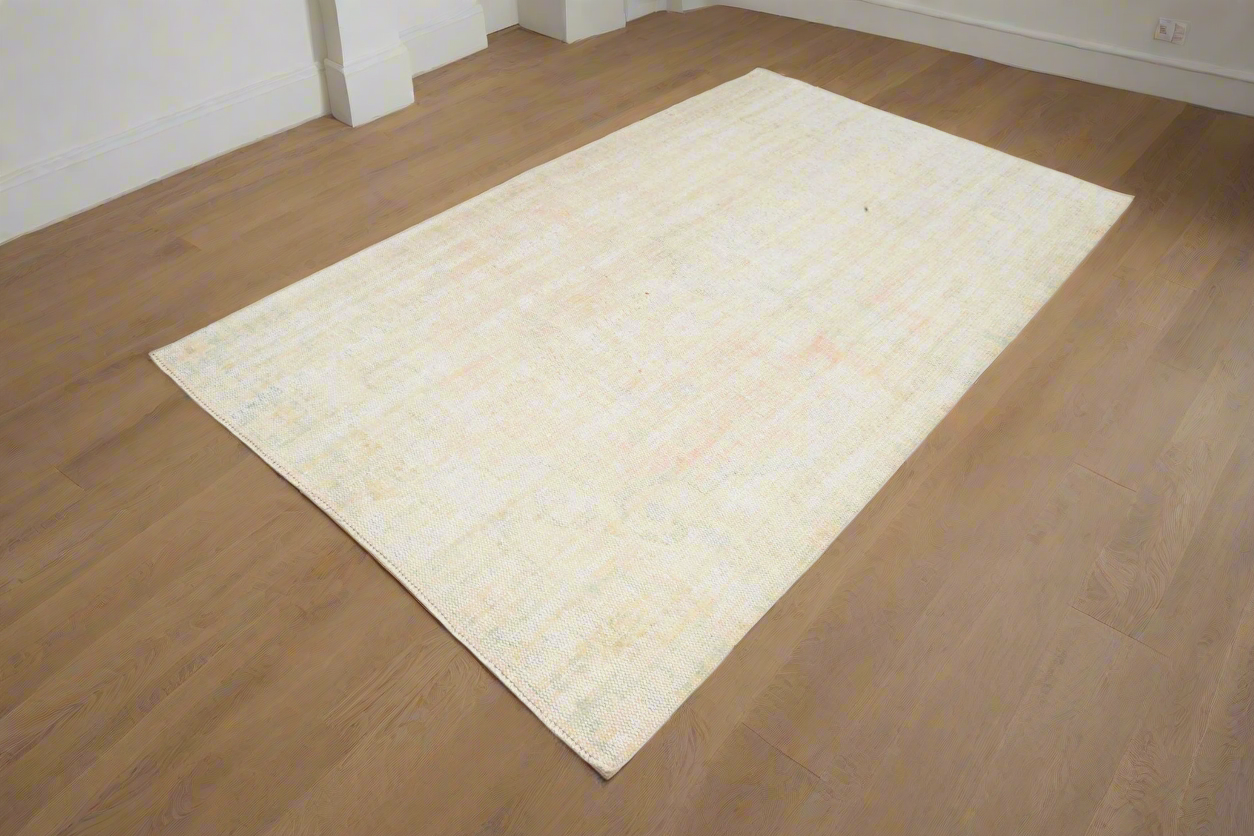 Minimalist Retro Turkish Vintage Rug 5'3" x 8'7", Beige, Soft cream
