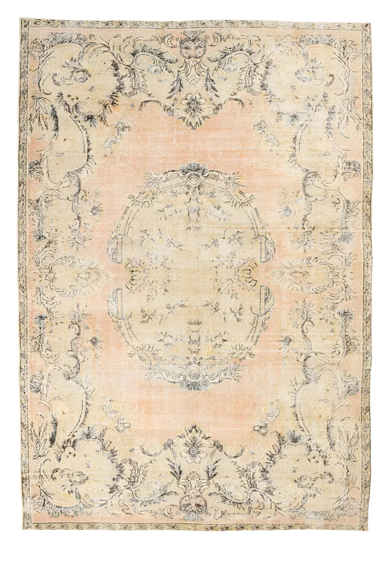 Handmade Turkish Vintage Rug Peach and Cream