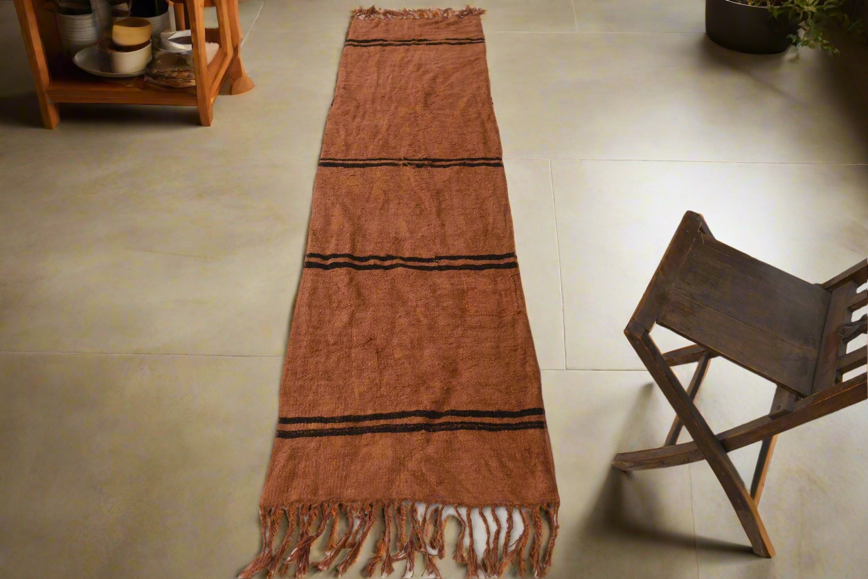 Vintage Natural Hemp Brown Kilim Runner 2'4" x 8'11" ft, Striped