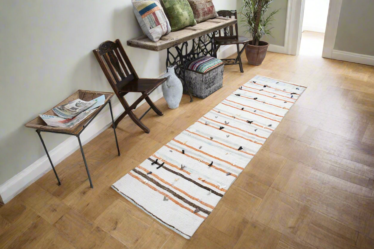 Vintage Hemp Kilim Runner | Striped Handwoven Rug 2'5" x 9'1" ft, Off White