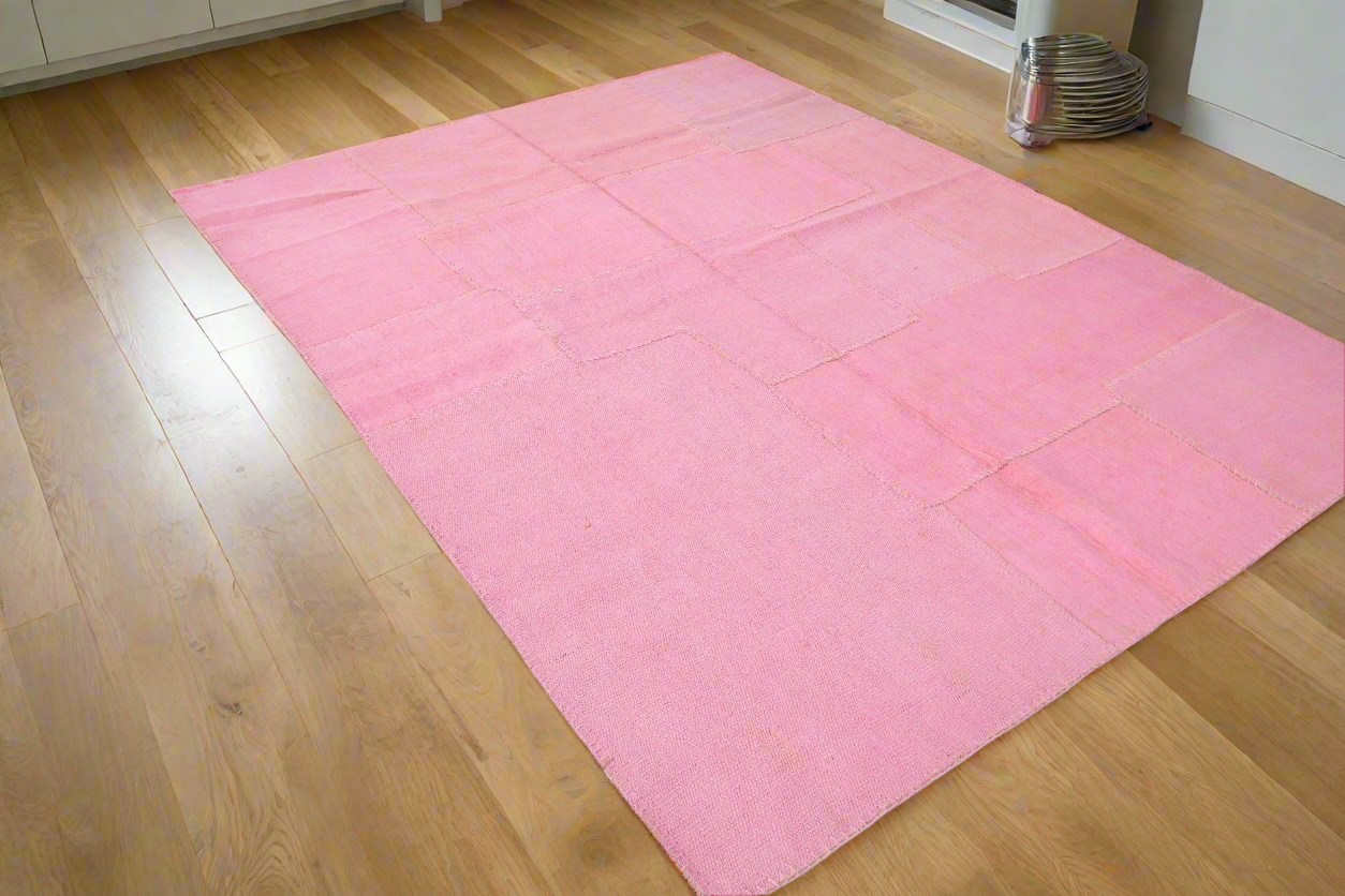 Vintage Bubblegum Pink Patchwork Hemp Rug, 5'11" x 7'11" ft