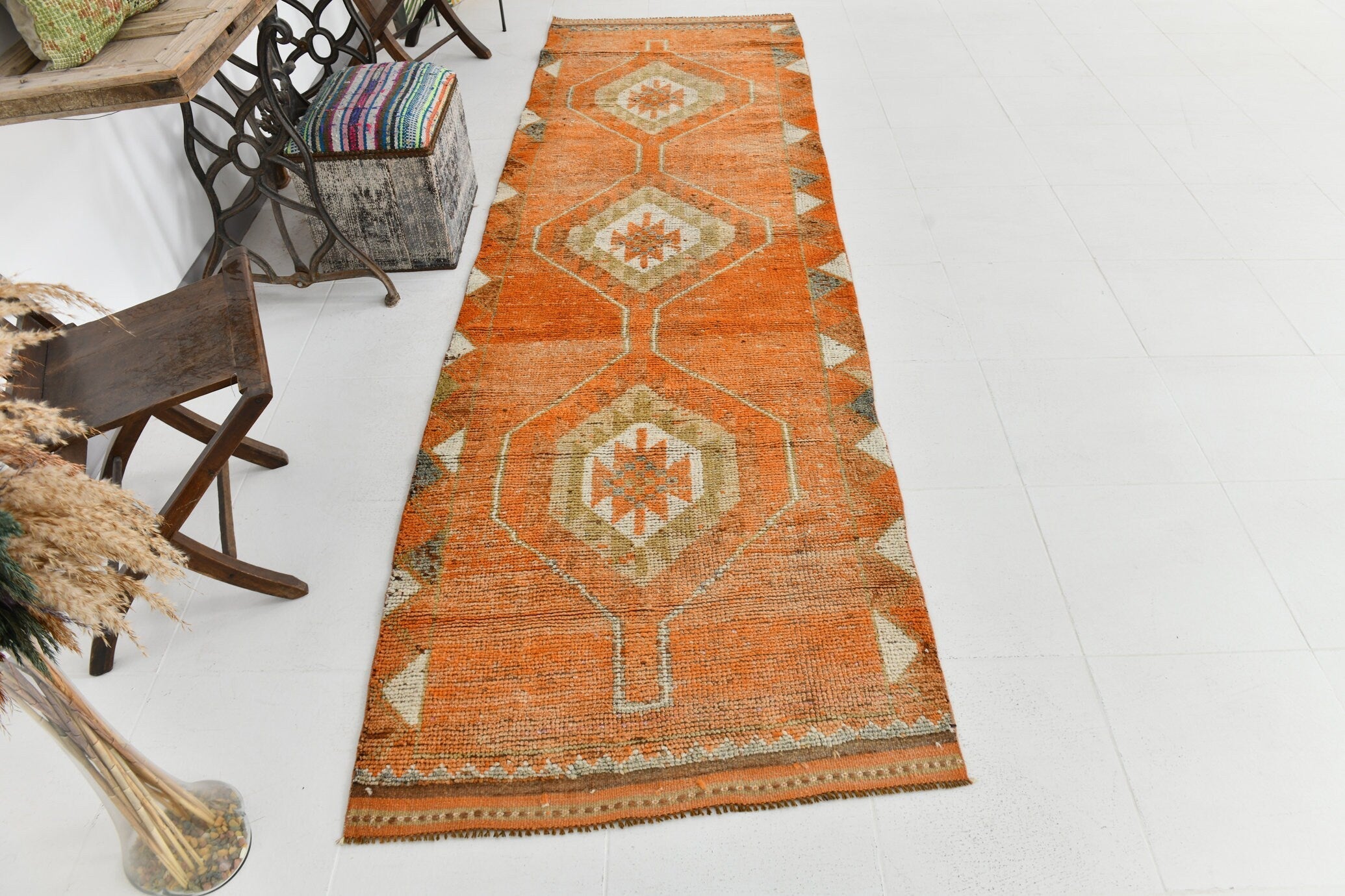 Vintage Herki Runner Rug 3'3" x 10'10" ft