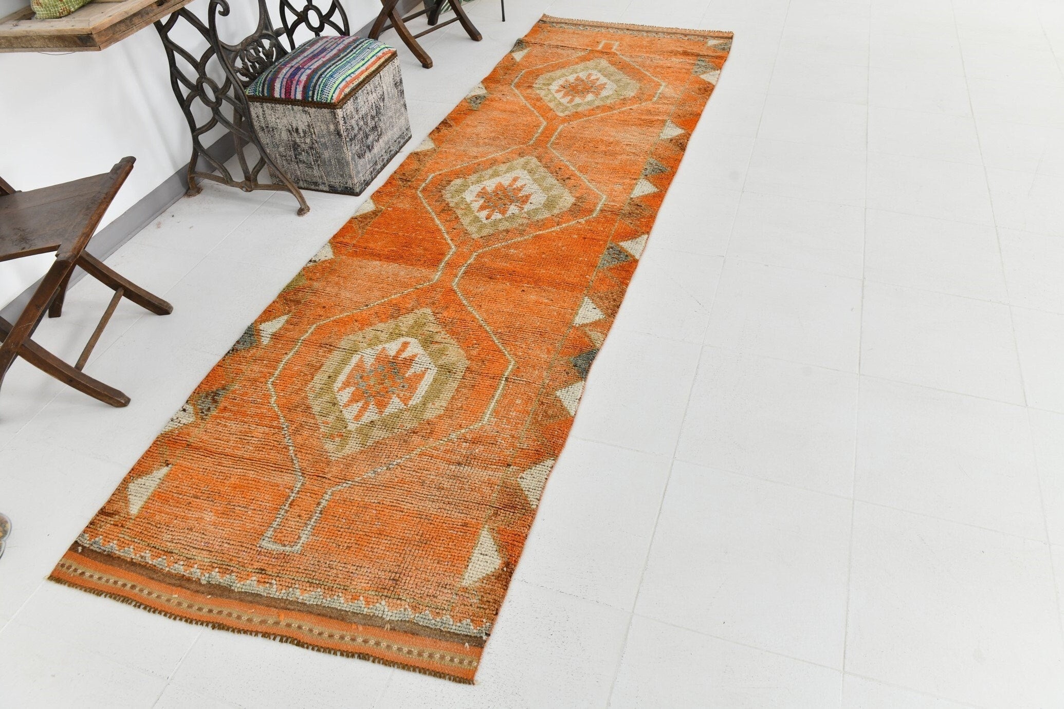 Vintage Herki Runner Rug 3'3" x 10'10" ft