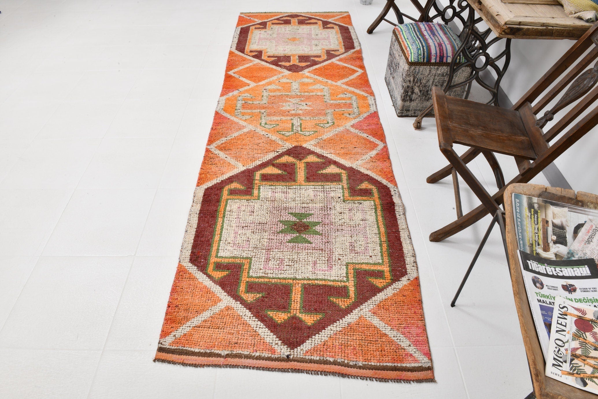 Vintage Herki Runner Rug 3'3" x 10'4" ft