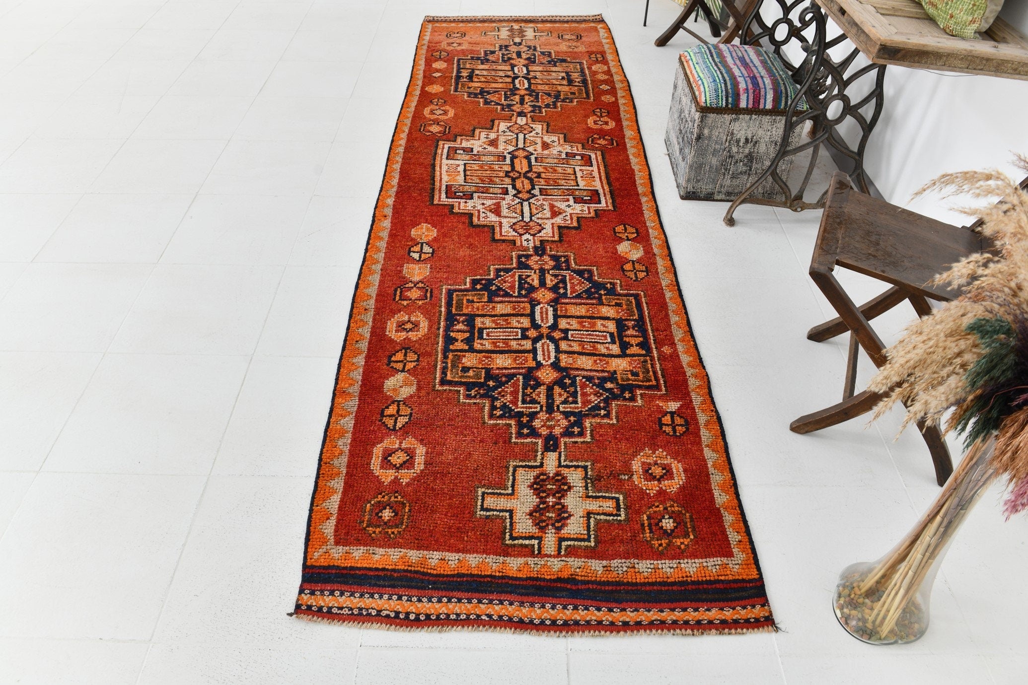 Vintage Herki Runner Rug 3'3" x 11'3" ft