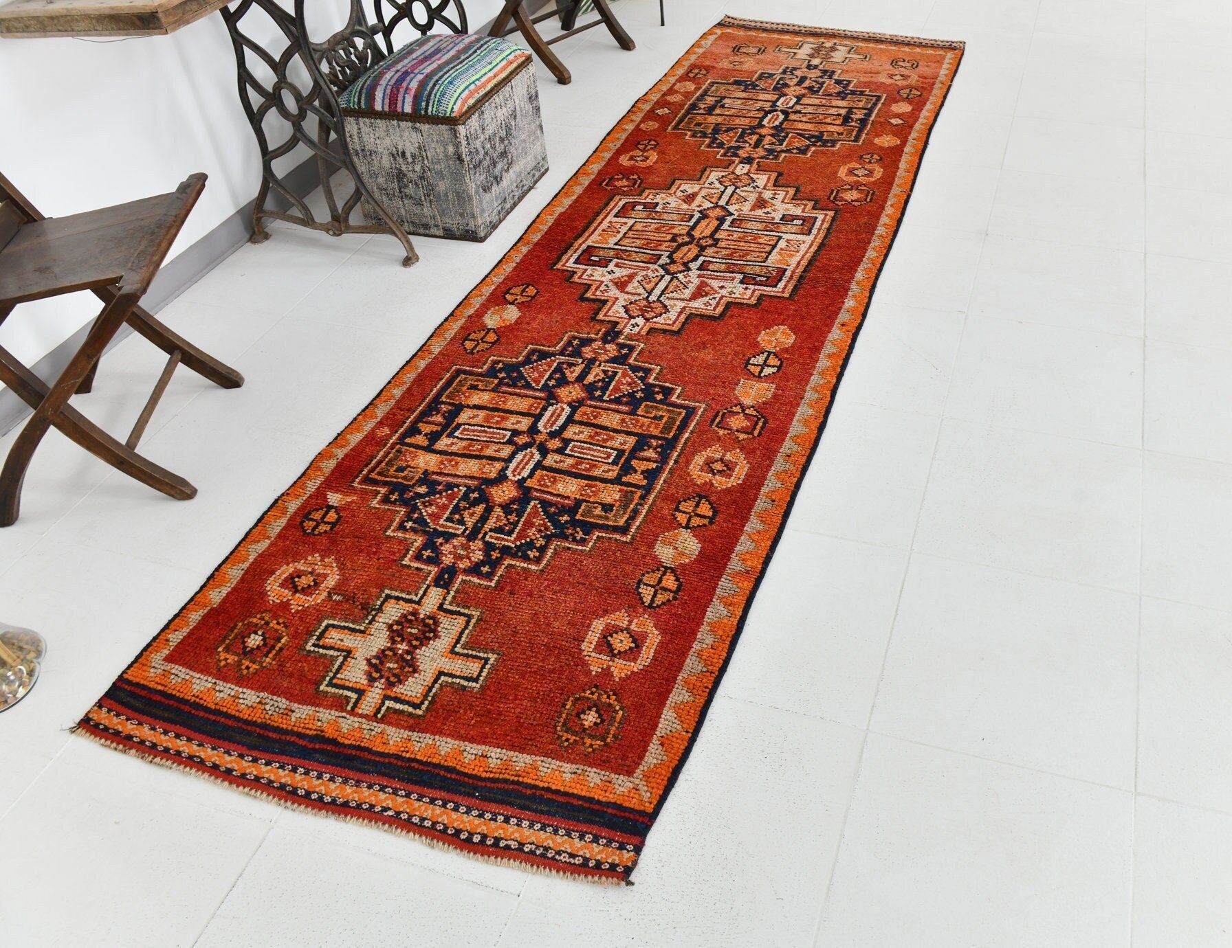 Vintage Herki Runner Rug 3'3" x 11'3" ft