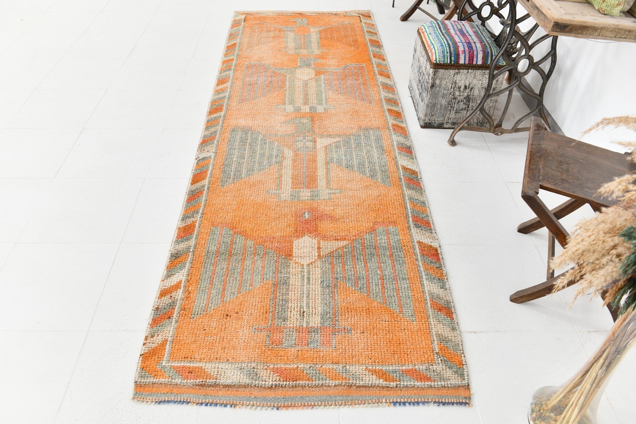 Vintage Herki Runner Rug 3'5" x 10'1" ft