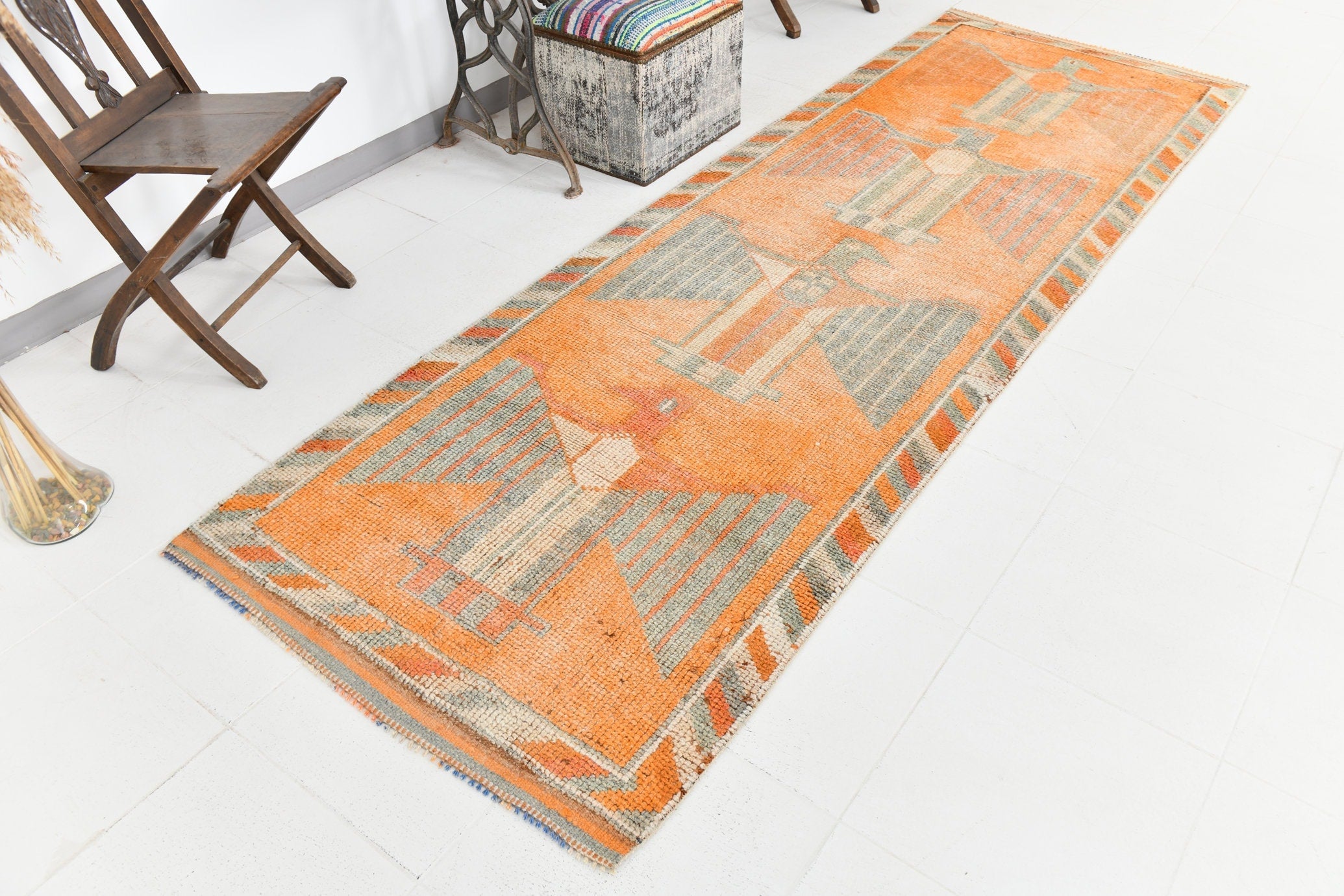 Vintage Herki Runner Rug 3'5" x 10'1" ft