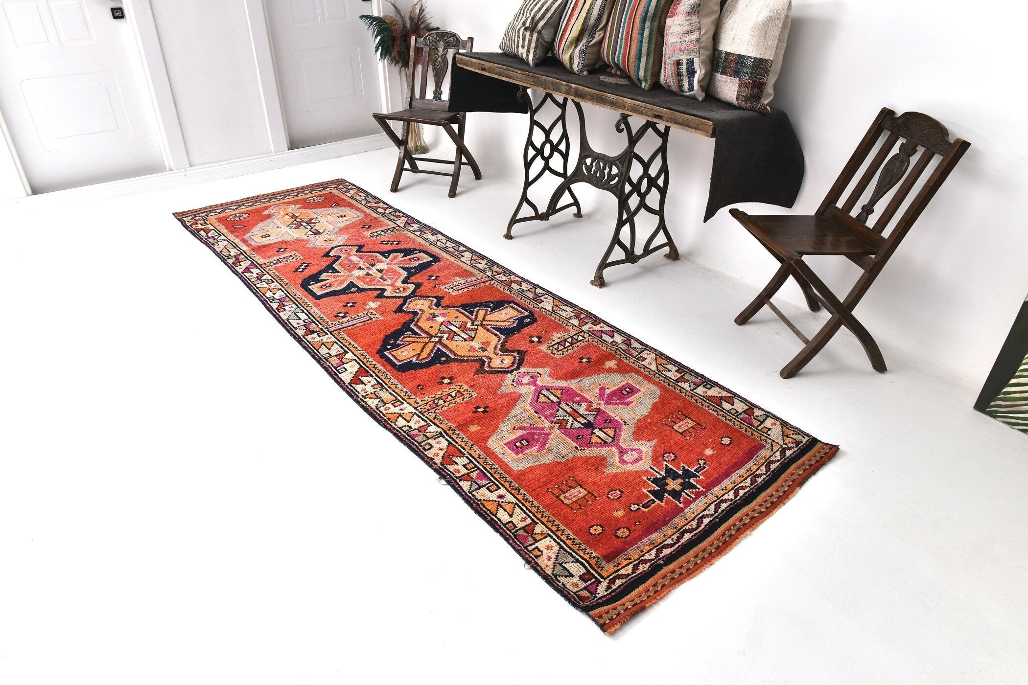 Vintage Herki Runner Rug 3'5" x 10'11" ft