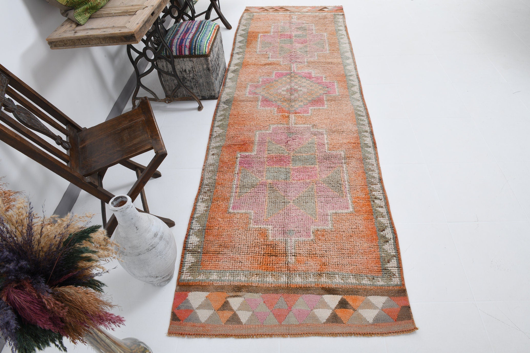 Vintage Herki Runner Rug 3'5" x 10'7" ft