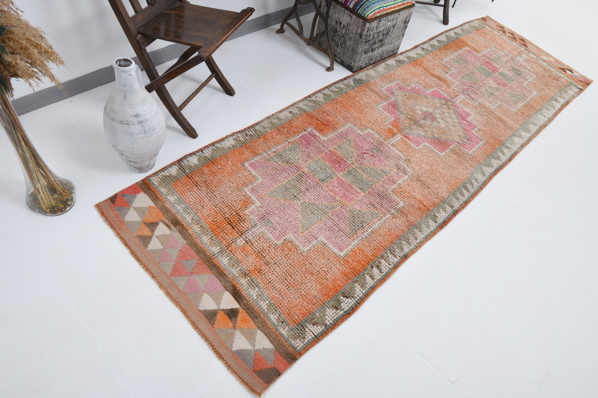 Vintage Herki Runner Rug 3'5" x 10'7" ft