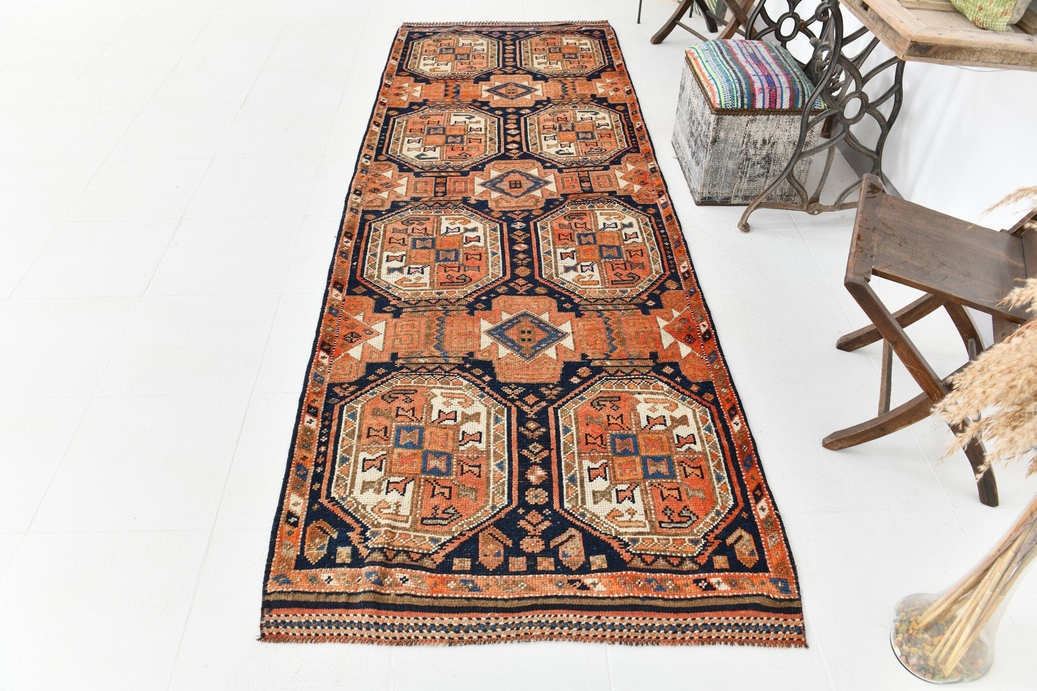 Vintage Herki Runner Rug 3'7" x 10'7" ft