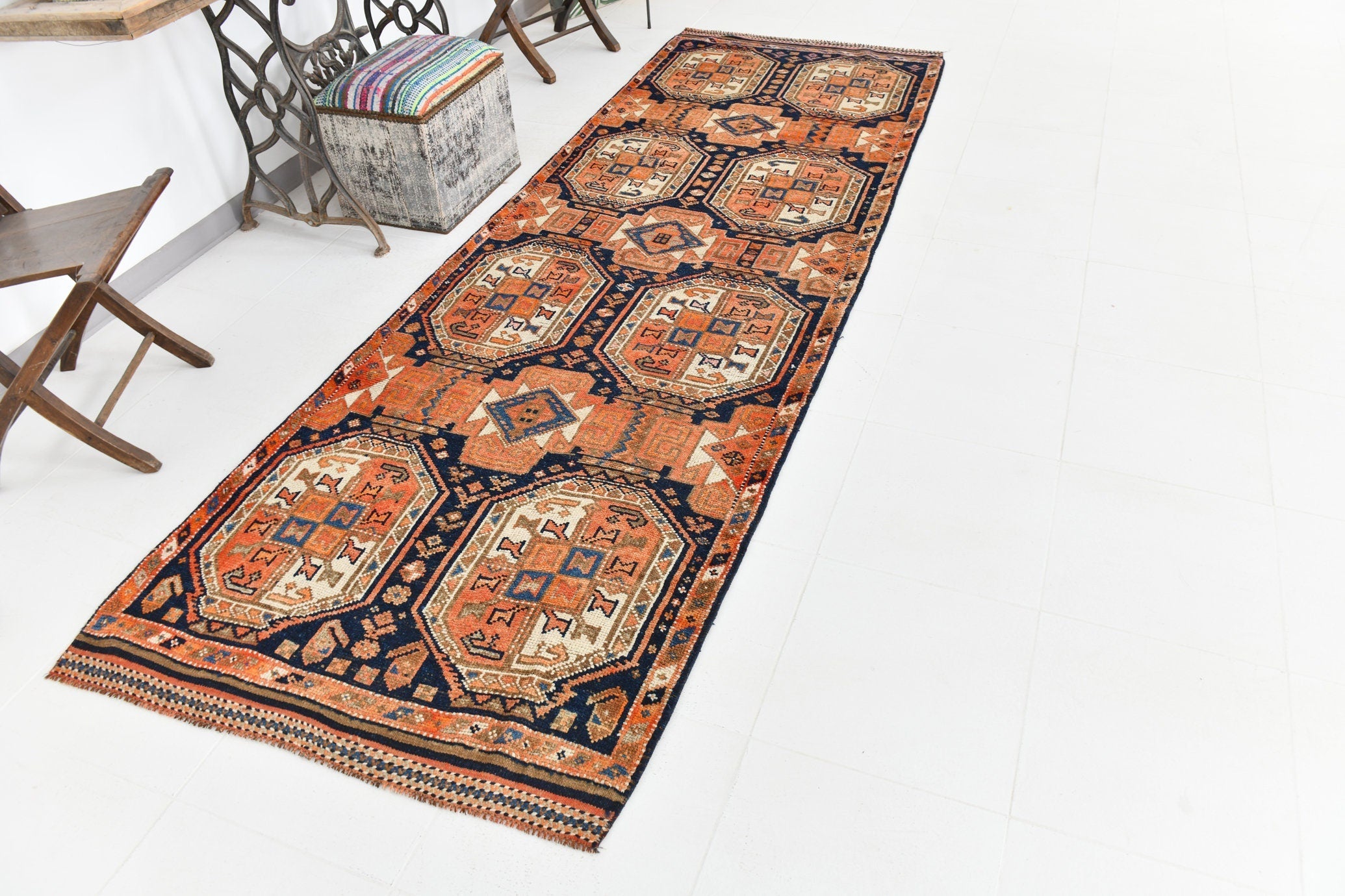 Vintage Herki Runner Rug 3'7" x 10'7" ft