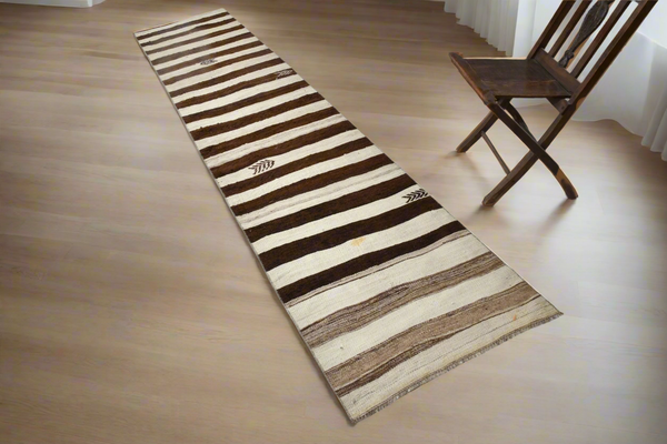 Vintage Kilim Runner Anatolian 2'7" x 11'9" ft Beige Brown Striped