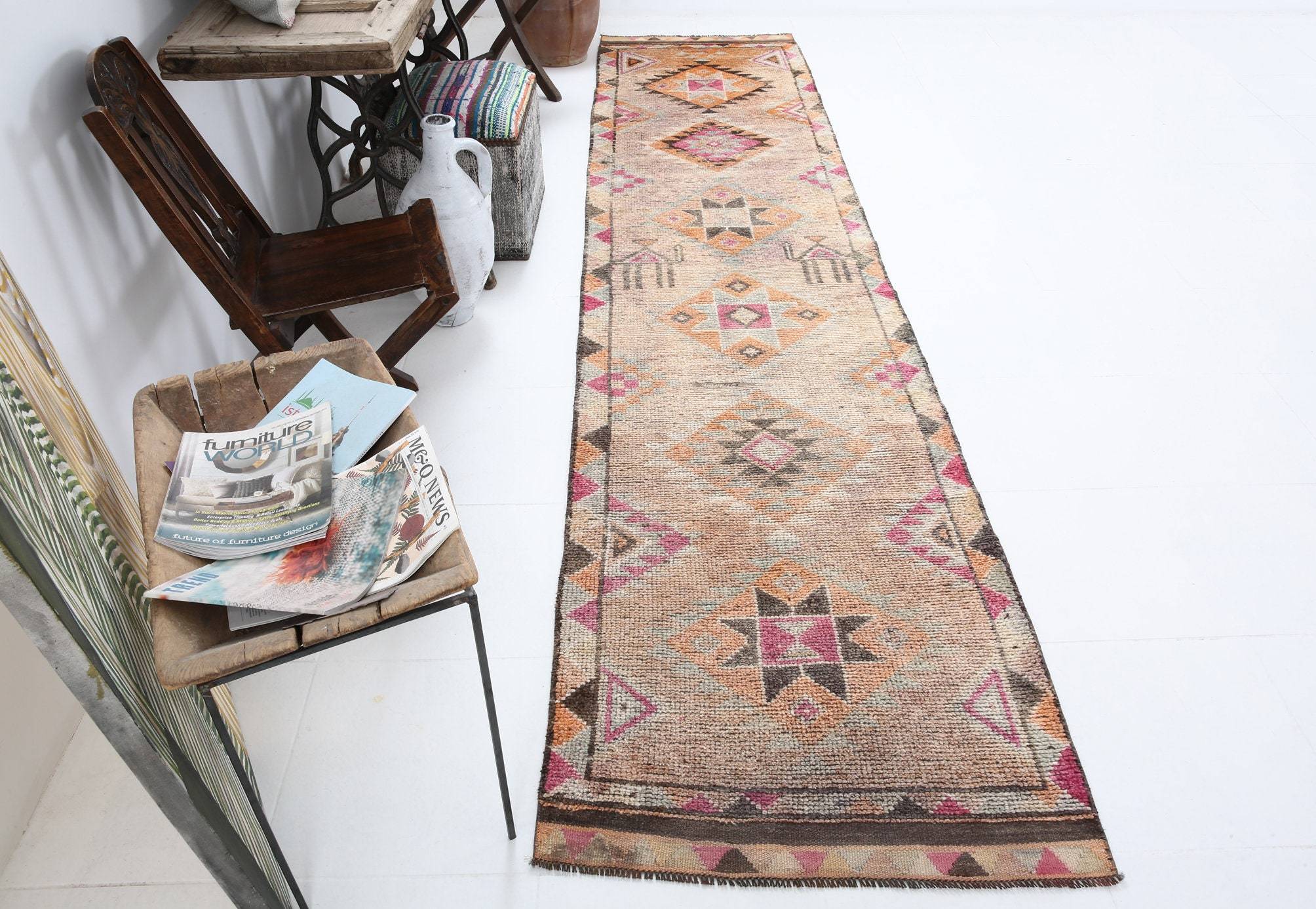 2' x 12' Vintage rug, Bedroom Vintage rug, Bohemian-Eclectic Vintage rug, Cotton Vintage rug, Entryway-Hallway Vintage rug, Kitchen-Dining Vintage rug, Living Room Vintage rug, Office Vintage rug, Pink Vintage rug, Southwestern Vintage rug, Vintage Herki, Wool Vintage rug, Vintage rug