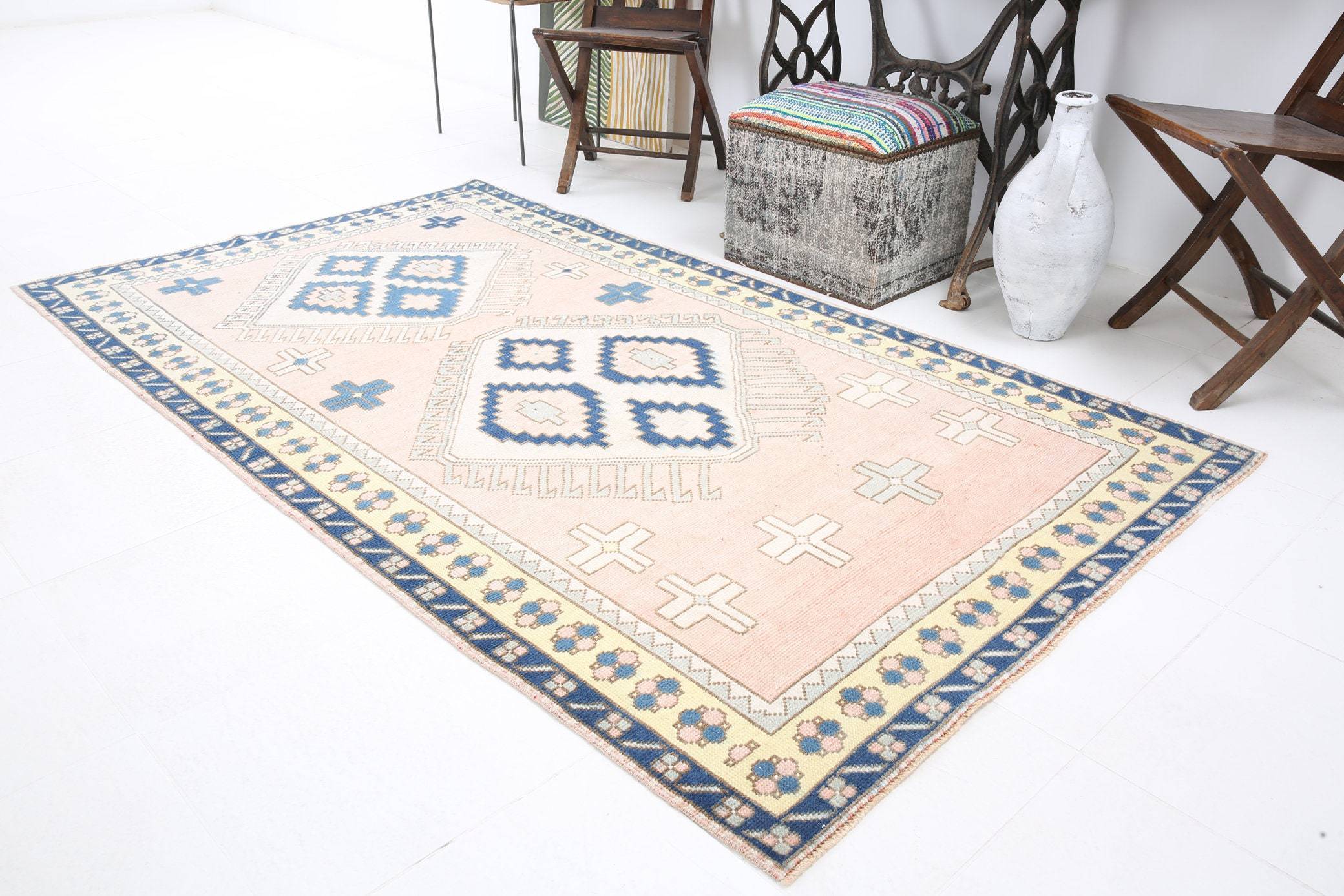 4' x 7' Vintage rug, Blue Vintage rug, Cotton Vintage rug, Kids Vintage rug, Kitchen-Dining Vintage rug, Living Room Vintage rug, Nursery Vintage rug, Office Vintage rug, Scandinavian Vintage rug, Southwestern Vintage rug, Vintage, Wool Vintage rug, Vintage rug