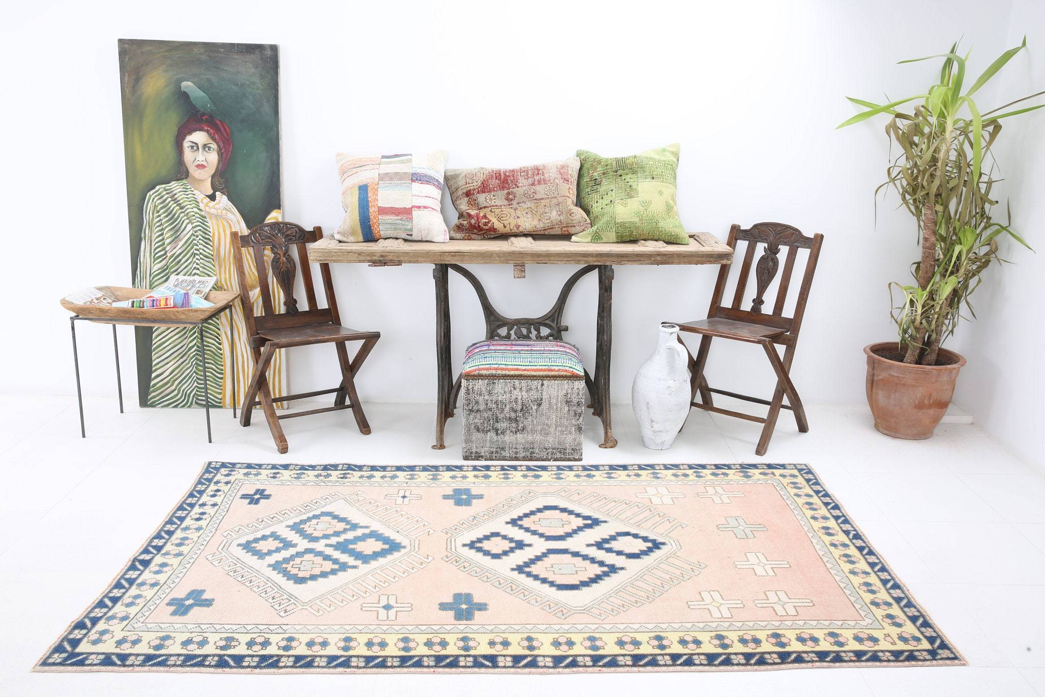 4' x 7' Vintage rug, Blue Vintage rug, Cotton Vintage rug, Kids Vintage rug, Kitchen-Dining Vintage rug, Living Room Vintage rug, Nursery Vintage rug, Office Vintage rug, Scandinavian Vintage rug, Southwestern Vintage rug, Vintage, Wool Vintage rug, Vintage rug