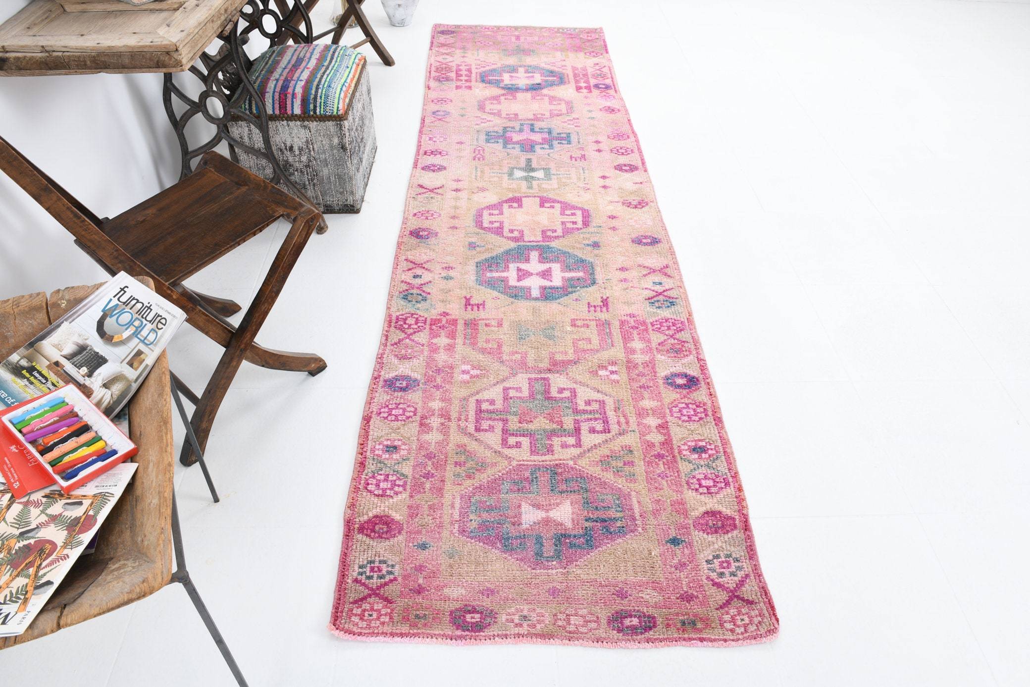 2' x 10' Vintage rug, Bedroom Vintage rug, Cotton Vintage rug, Entryway-Hallway Vintage rug, Geometric Vintage rug, Kitchen-Dining Vintage rug, Nursery Vintage rug, Office Vintage rug, Pink Vintage rug, Retro Vintage rug, Vintage Herki, Wool Vintage rug, Vintage rug