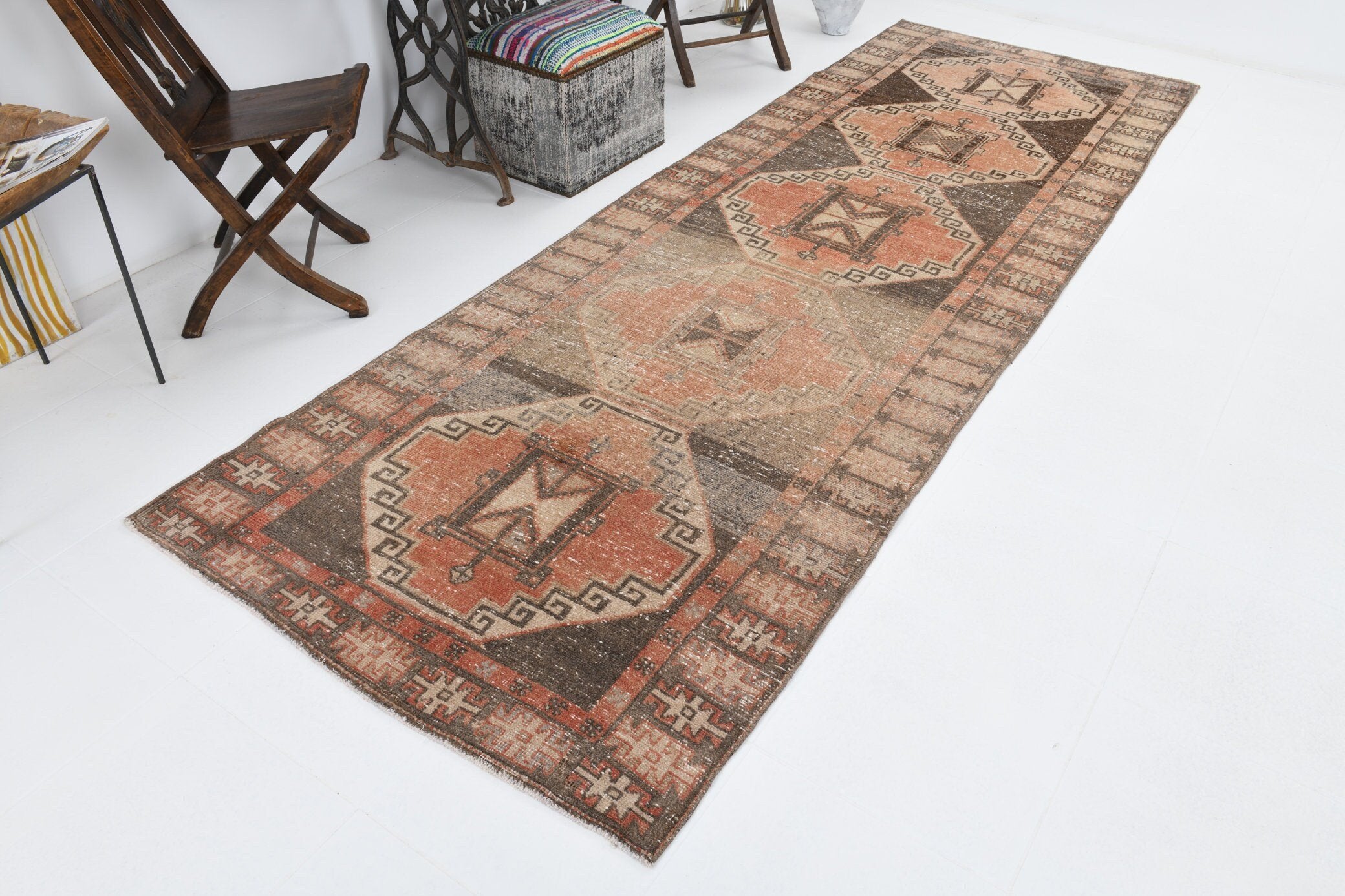 3' x 11' Vintage rug, Bedroom Vintage rug, Brown Vintage rug, Cotton Vintage rug, Distressed Vintage rug, Entryway-Hallway Vintage rug, Geometric Vintage rug, Kitchen-Dining Vintage rug, Living Room Vintage rug, Office Vintage rug, Vintage, Wool Vintage rug, Vintage rug