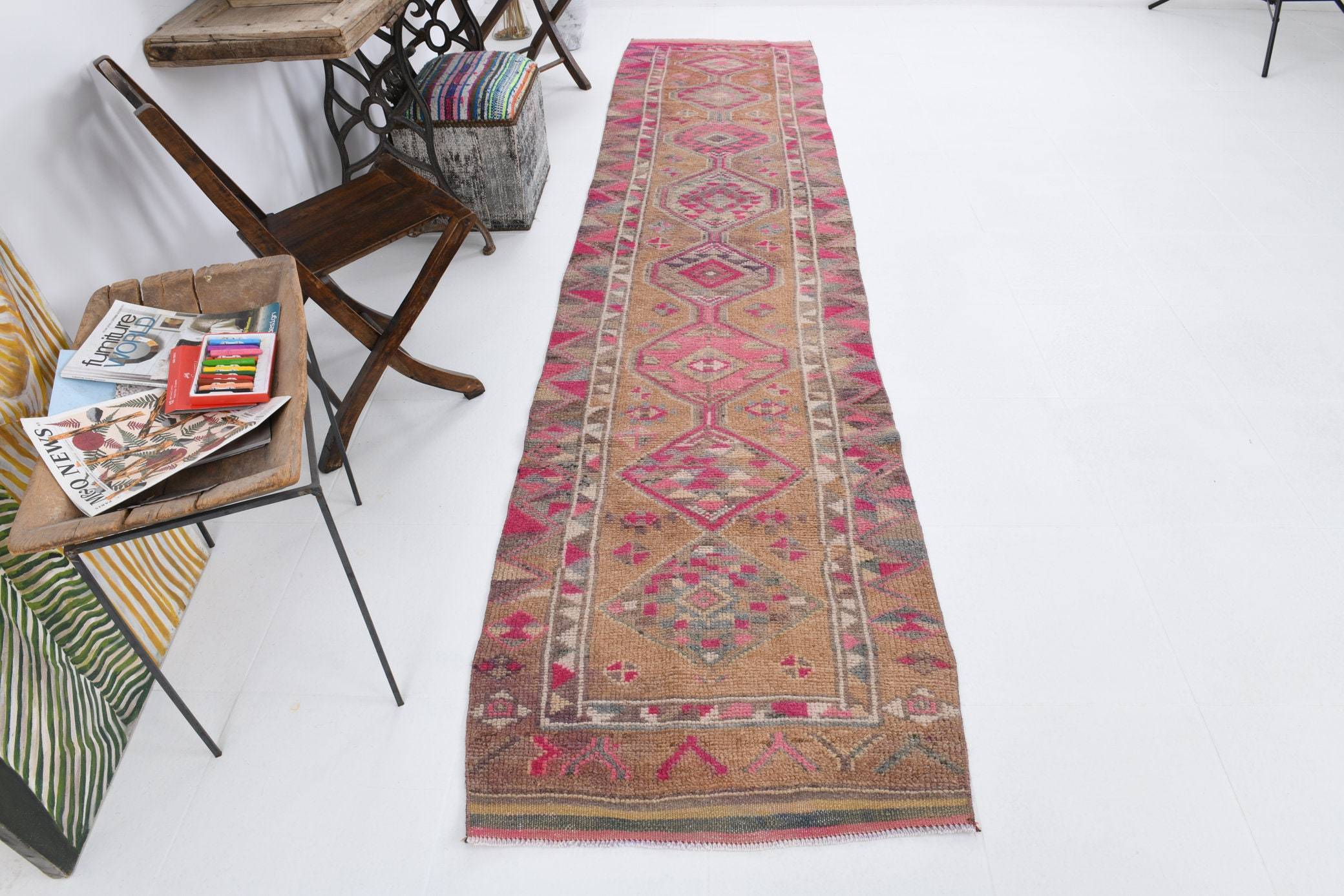 2' x 11' Vintage rug, Bohemian-Eclectic Vintage rug, Cotton Vintage rug, Dorm Vintage rug, Entryway-Hallway Vintage rug, Geometric Vintage rug, Kitchen-Dining Vintage rug, Living Room Vintage rug, Office Vintage rug, Pink Vintage rug, Vintage Herki, Wool Vintage rug, Vintage rug