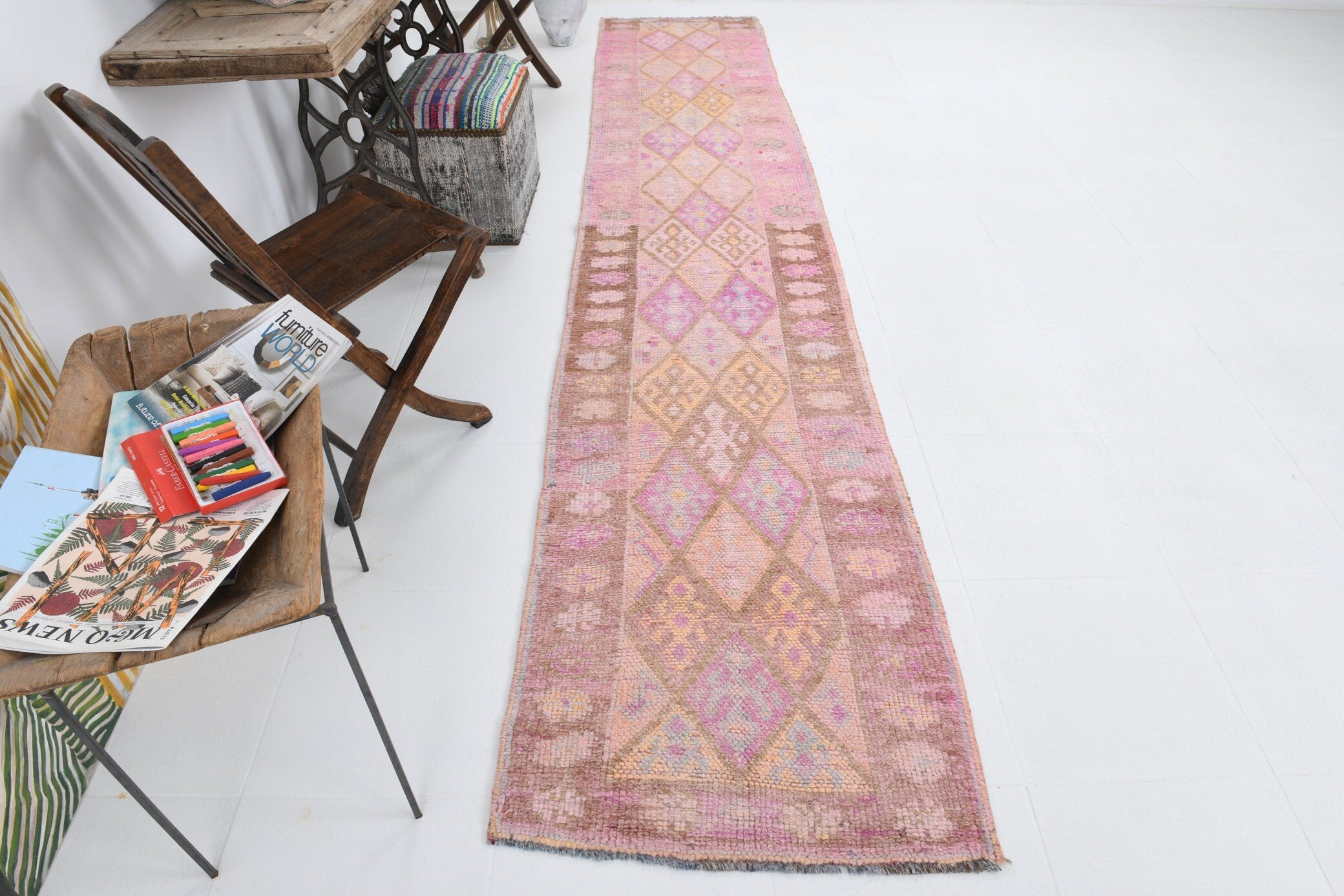 2' x 12' Vintage rug, Cotton Vintage rug, Entryway-Hallway Vintage rug, Ikat Vintage rug, Kitchen-Dining Vintage rug, Laundry Vintage rug, Living Room Vintage rug, Office Vintage rug, Pink Vintage rug, Scandinavian Vintage rug, Vintage Herki, Wool Vintage rug, Vintage rug