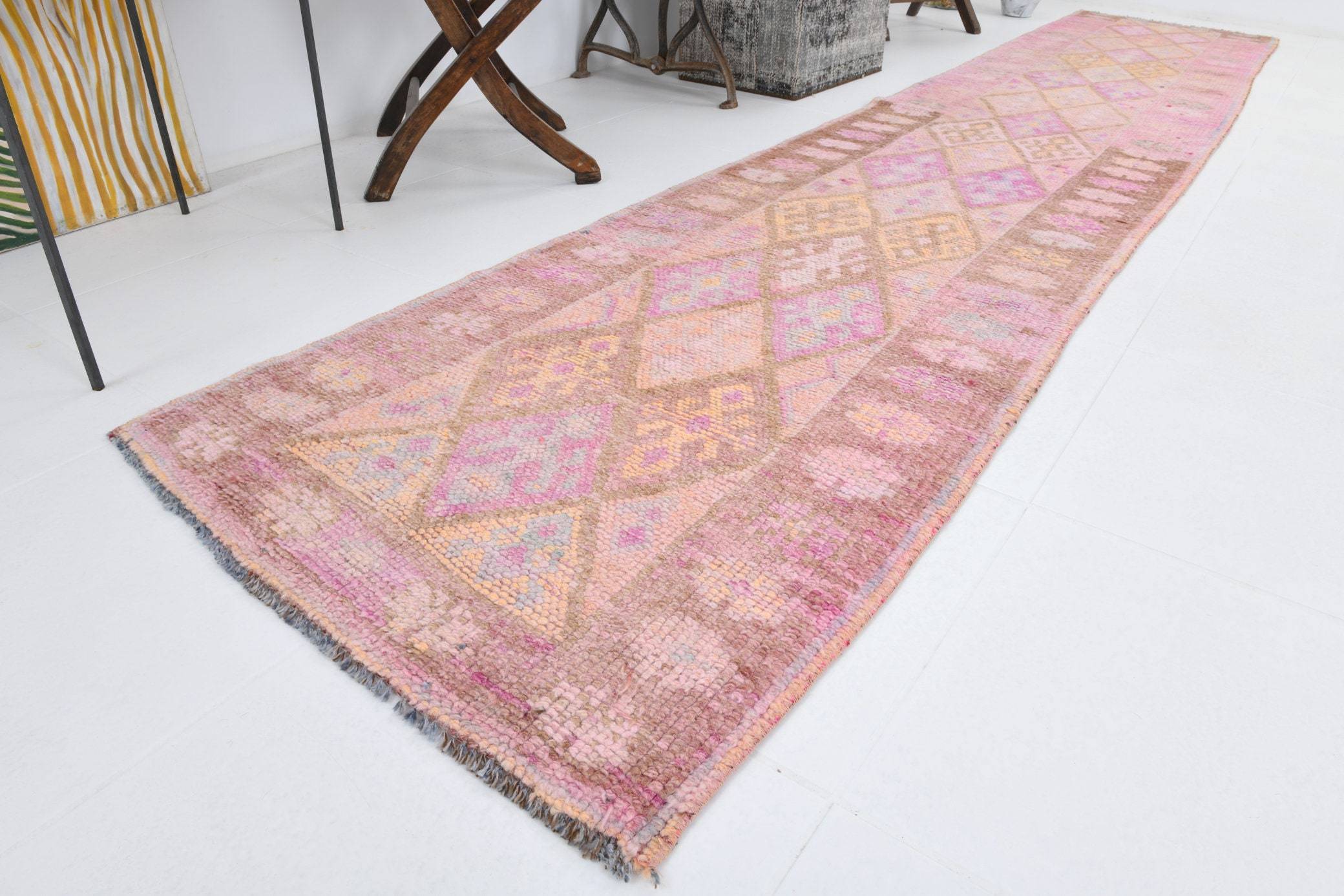 2' x 12' Vintage rug, Cotton Vintage rug, Entryway-Hallway Vintage rug, Ikat Vintage rug, Kitchen-Dining Vintage rug, Laundry Vintage rug, Living Room Vintage rug, Office Vintage rug, Pink Vintage rug, Scandinavian Vintage rug, Vintage Herki, Wool Vintage rug, Vintage rug