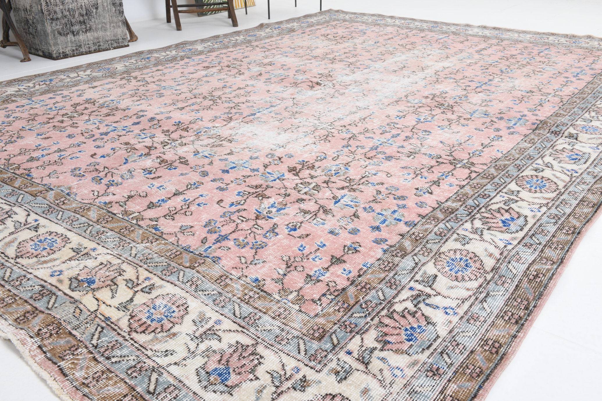 8' x 11' Vintage rug, Cotton Vintage rug, Dorm Vintage rug, Floral Vintage rug, Kids Vintage rug, Living Room Vintage rug, Nursery Vintage rug, Office Vintage rug, Pink Vintage rug, Rustic-Primitive Vintage rug, Vintage, Wool Vintage rug, Vintage rug